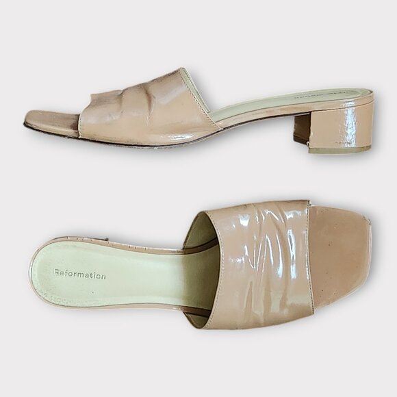Reformation Mules Slide Size 9.5 Nude Patent Leather Open Toe Sandals Classic - Picture 9 of 10